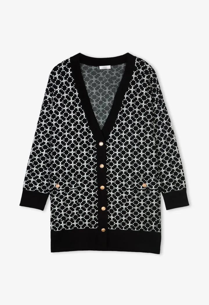 Choice Contrast Long Sleeves Knitted Monogram Cardigan Black/Cream