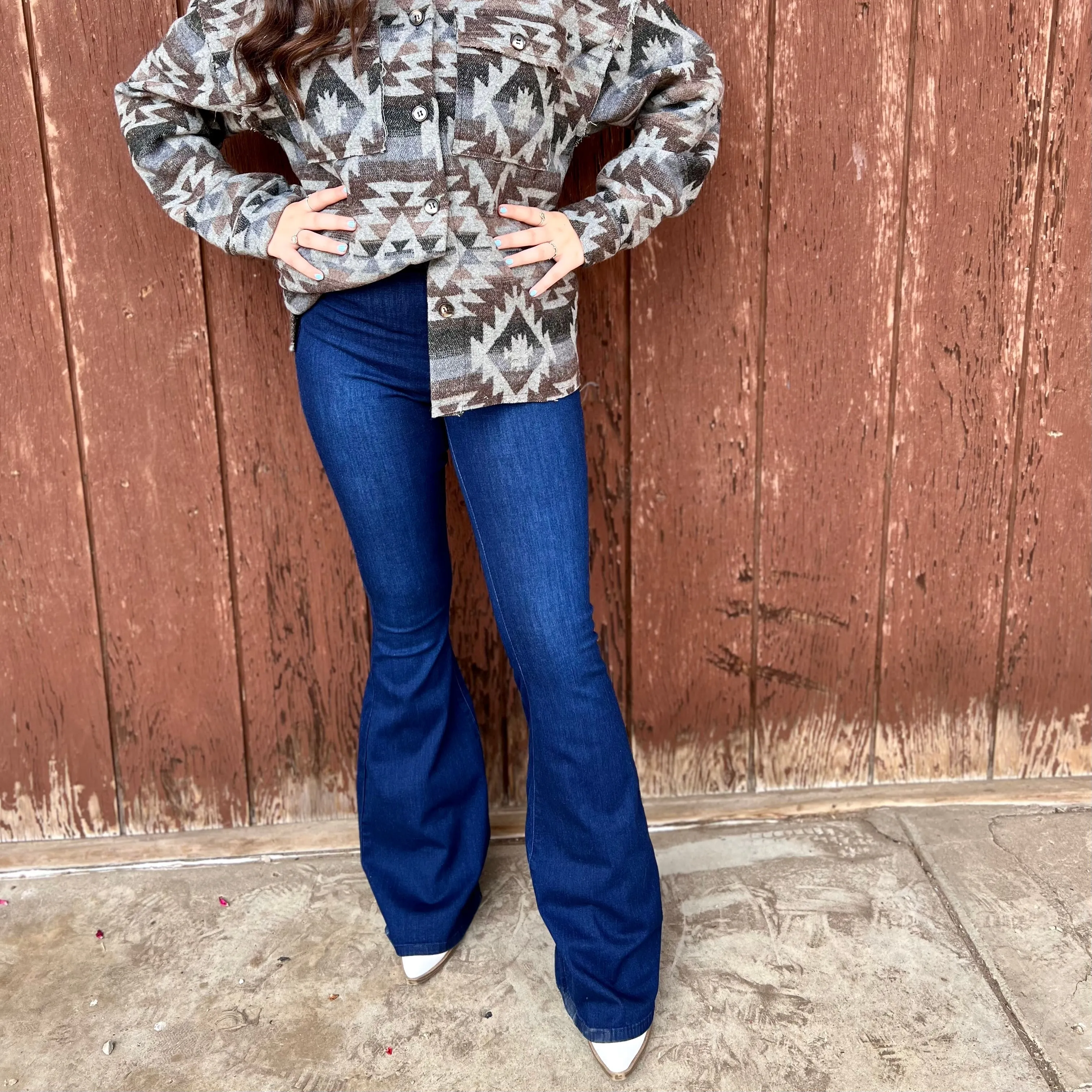 Dark Wash High Rise Stretch Denim Bell Bottoms*