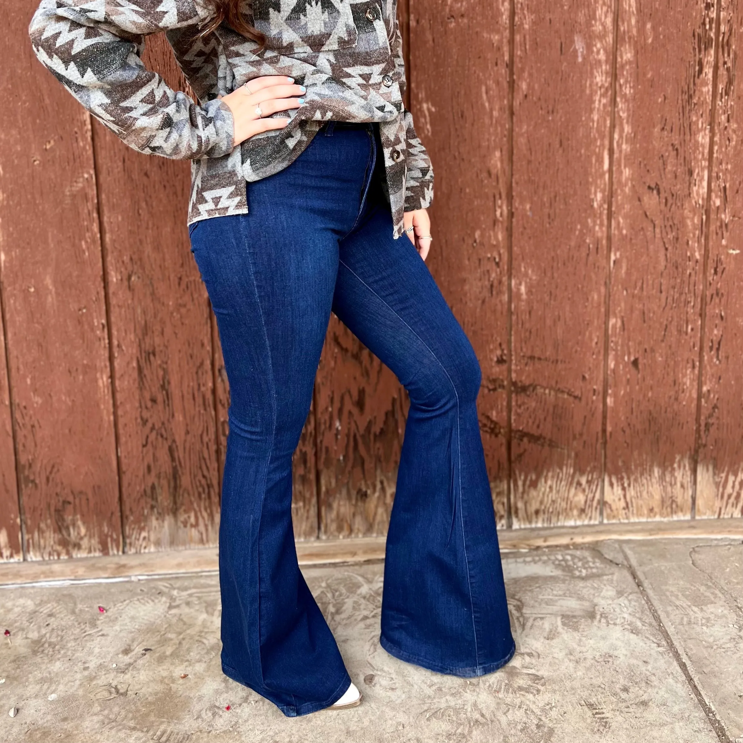 Dark Wash High Rise Stretch Denim Bell Bottoms*