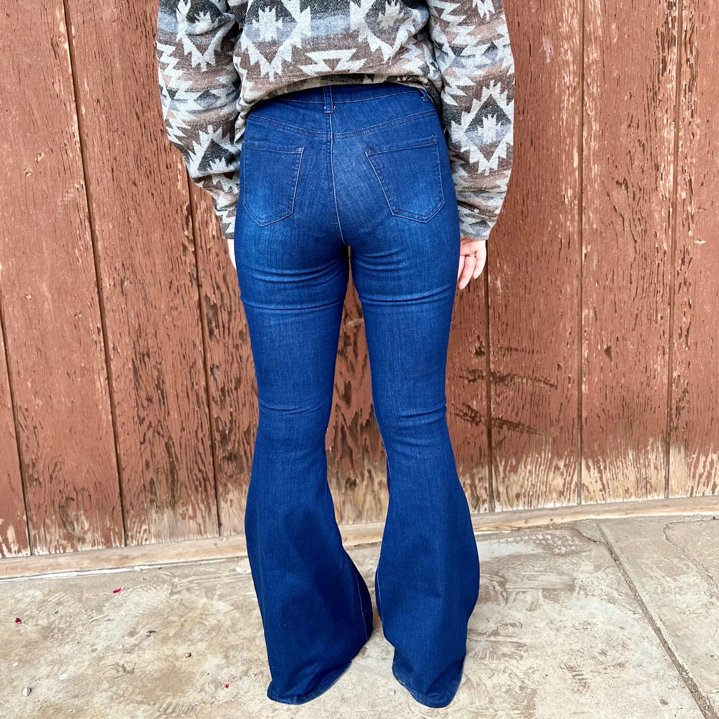 Dark Wash High Rise Stretch Denim Bell Bottoms*
