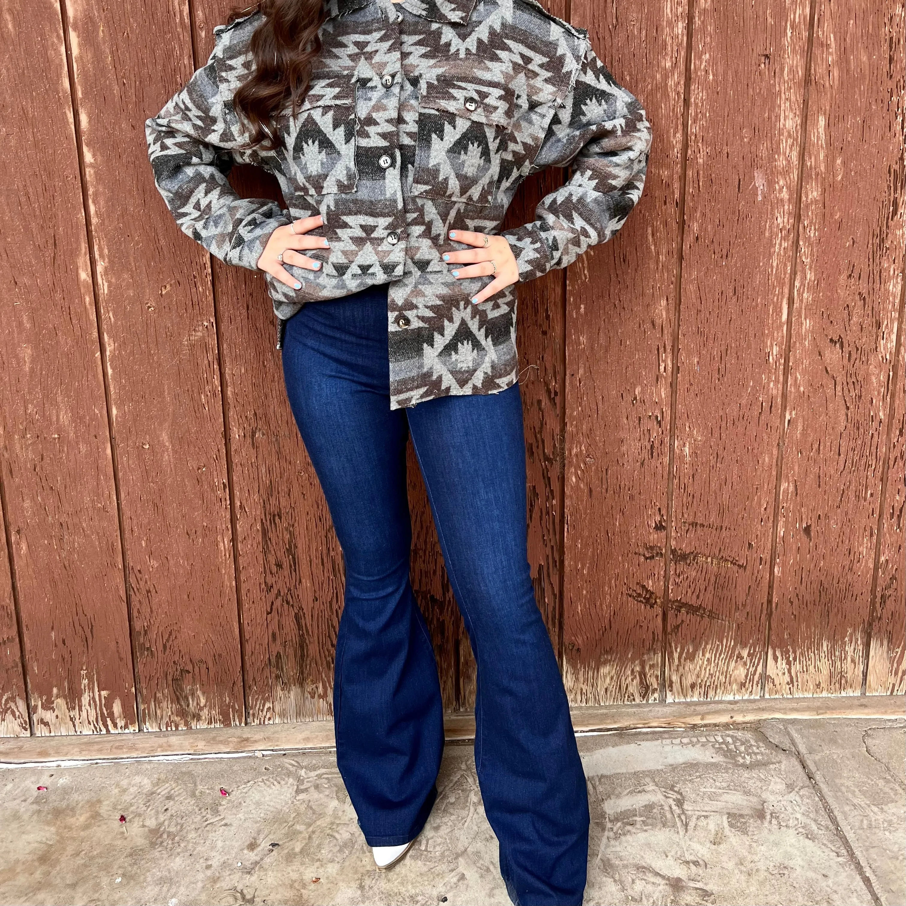 Dark Wash High Rise Stretch Denim Bell Bottoms*