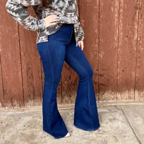 Dark Wash High Rise Stretch Denim Bell Bottoms*