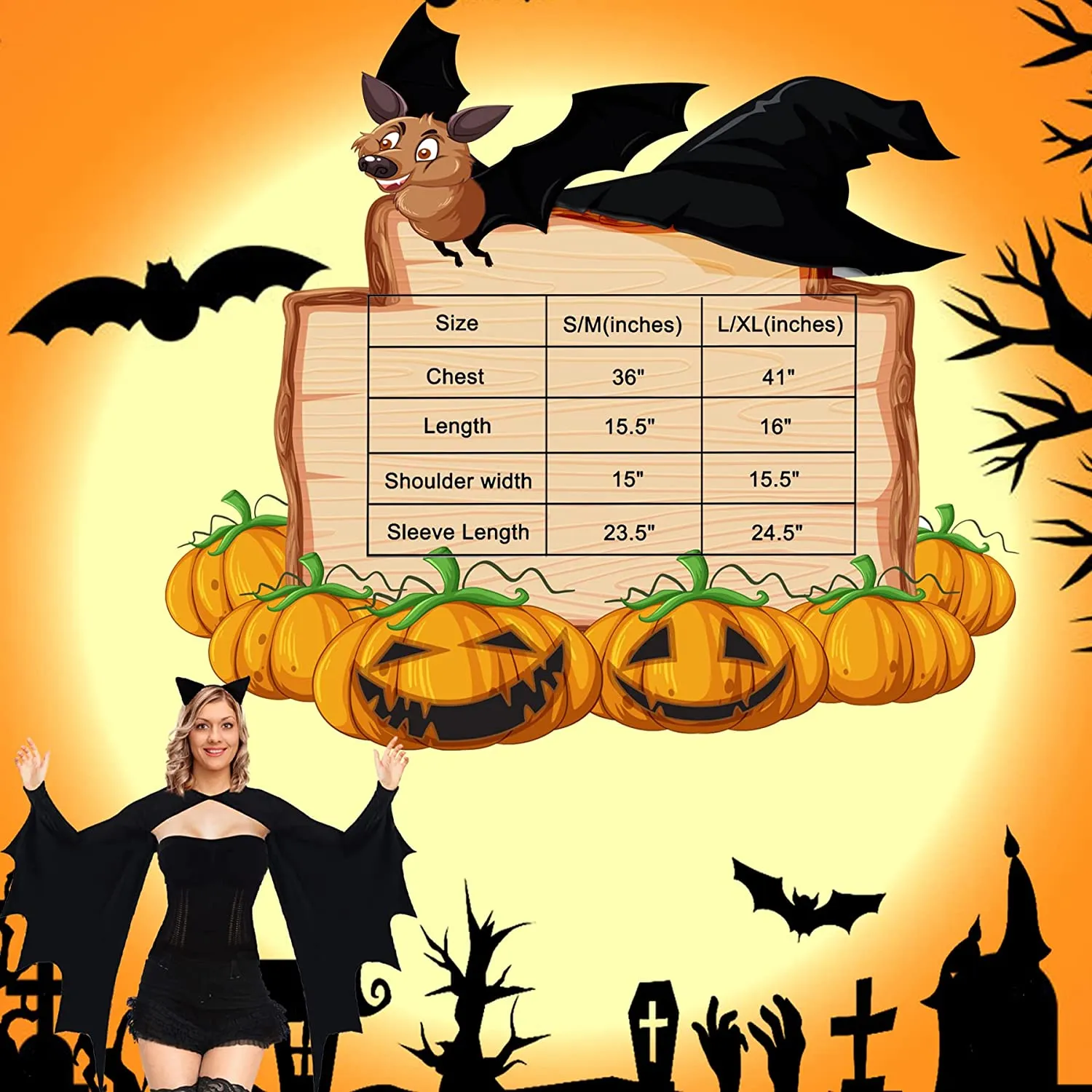 HB HBB MAGIC Bat Wings Costume Women Adult Halloween Bat Shrug with Ears Headband