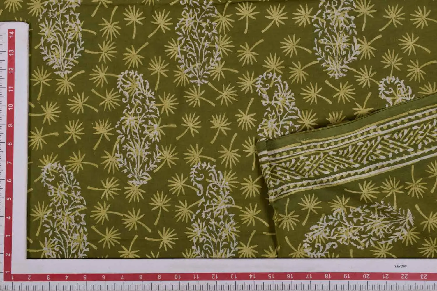 Olive Green Cotton Cambric Block Printed Fabric