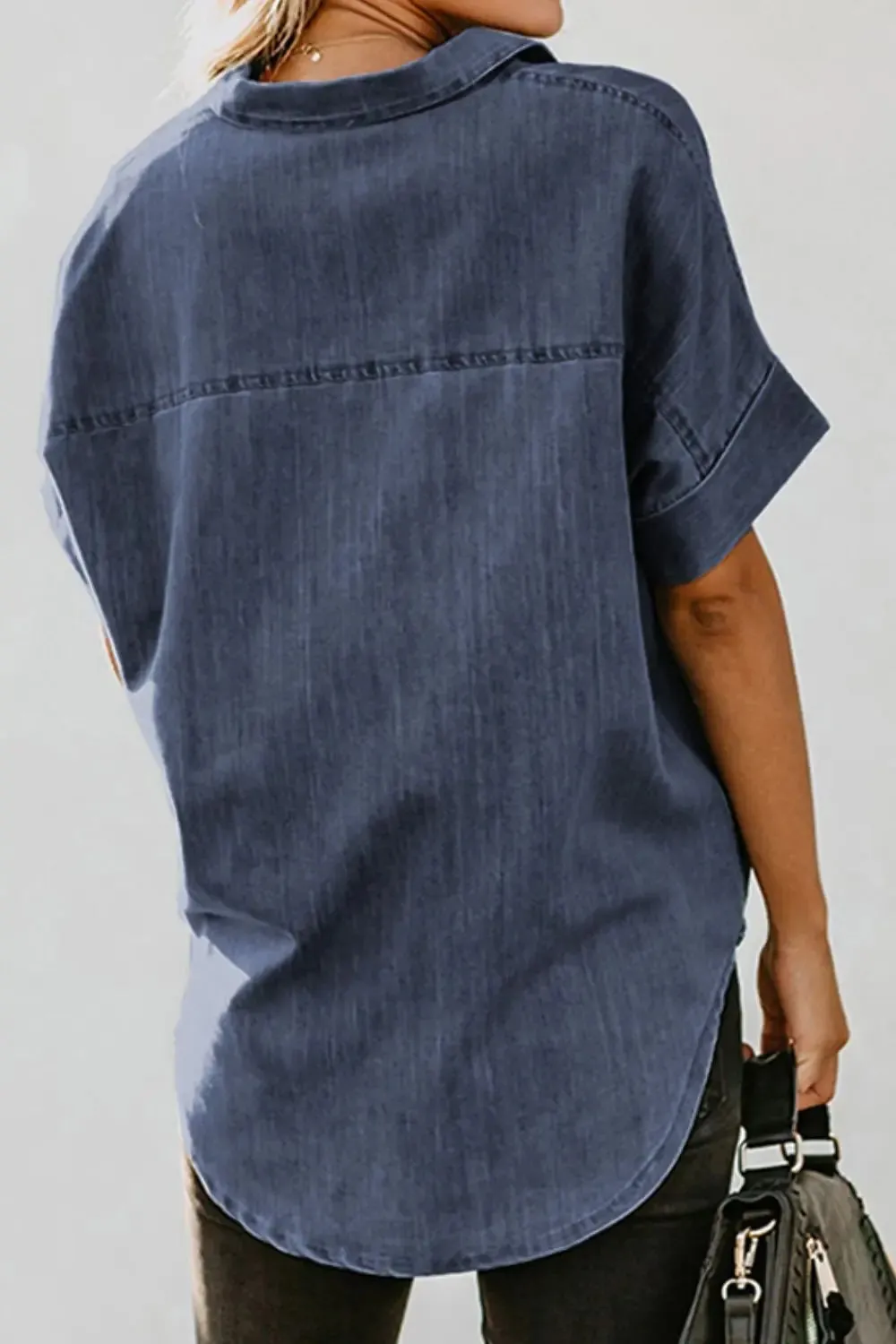 Pocketed Button Up - Short Sleeve - Denim Shirt