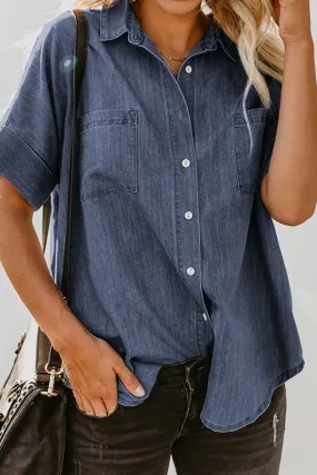 Pocketed Button Up - Short Sleeve - Denim Shirt