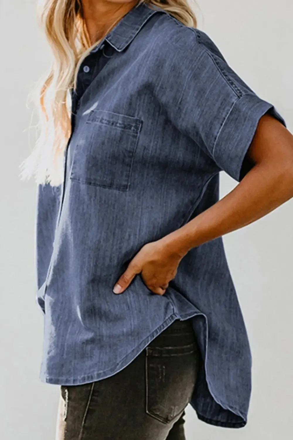 Pocketed Button Up - Short Sleeve - Denim Shirt
