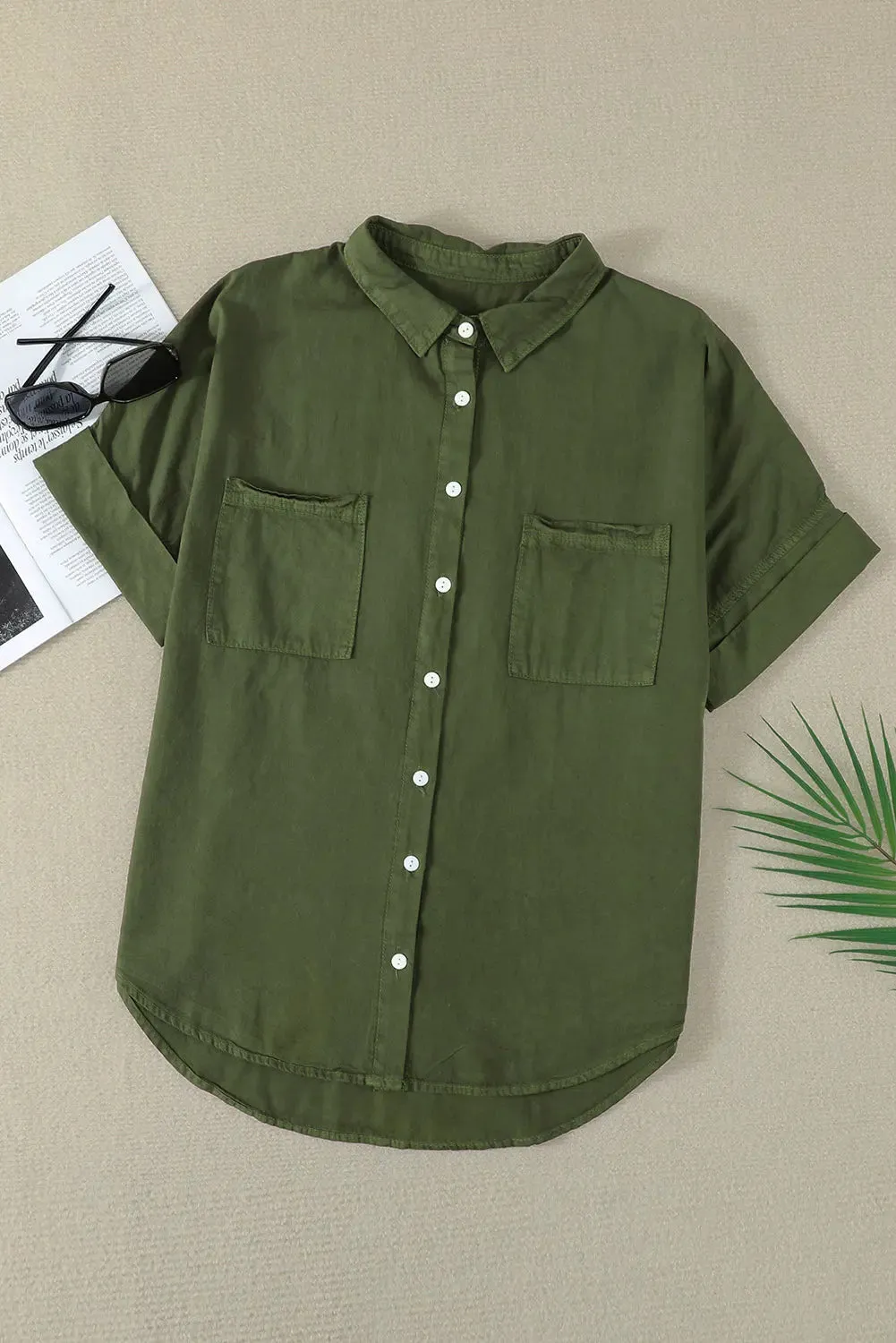 Pocketed Button Up - Short Sleeve - Denim Shirt