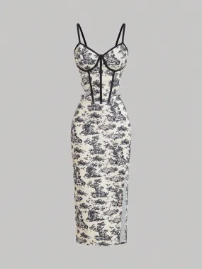 Retro Palace Blue & White Floral Printed Fish Bone  Top And Skirt Set