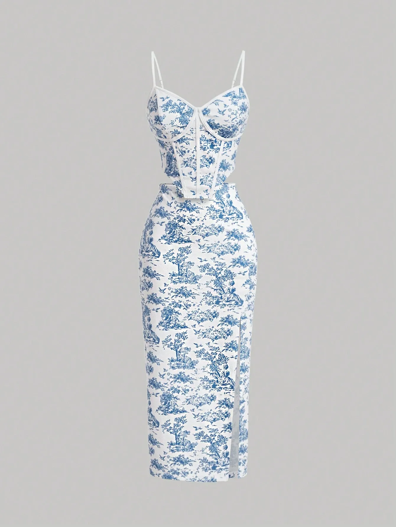 Retro Palace Blue & White Floral Printed Fish Bone  Top And Skirt Set