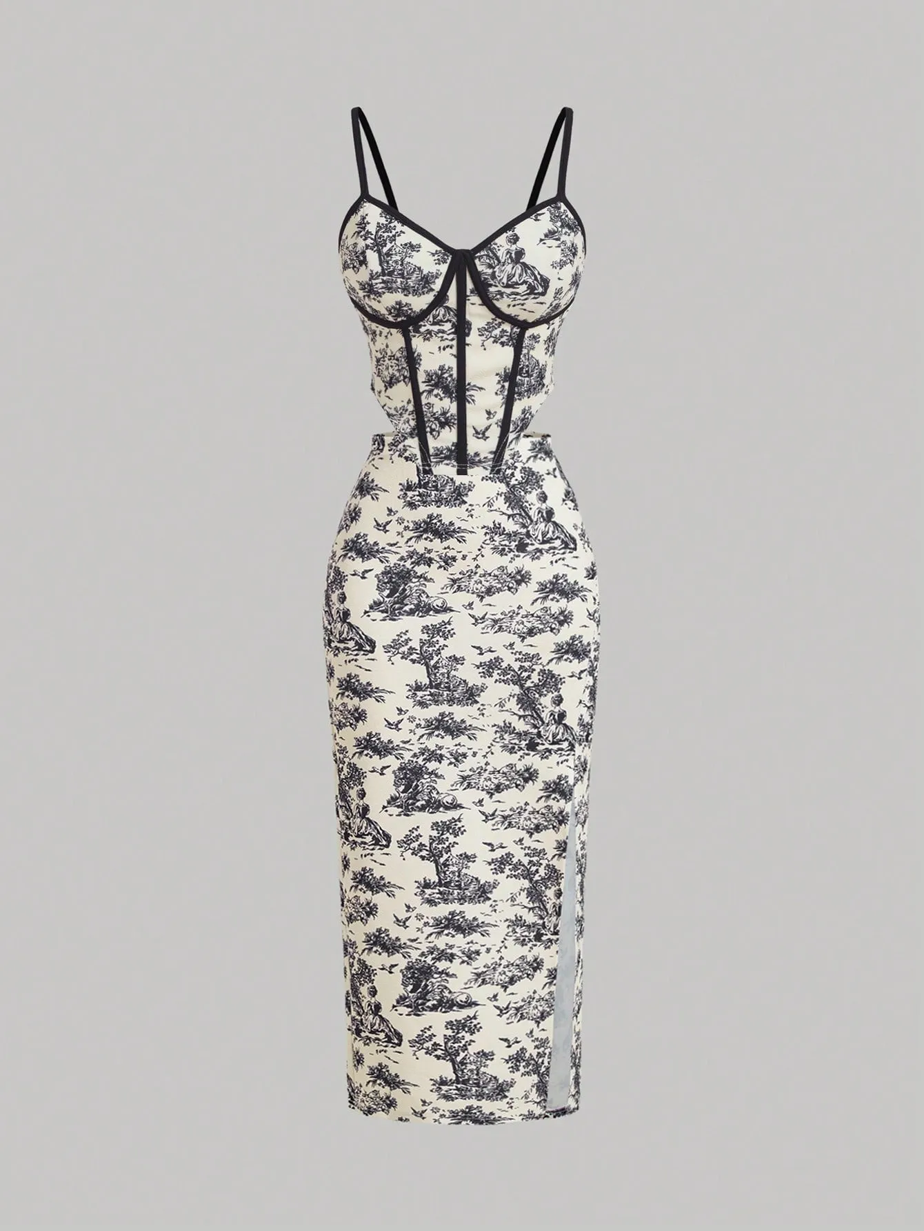 Retro Palace Blue & White Floral Printed Fish Bone  Top And Skirt Set