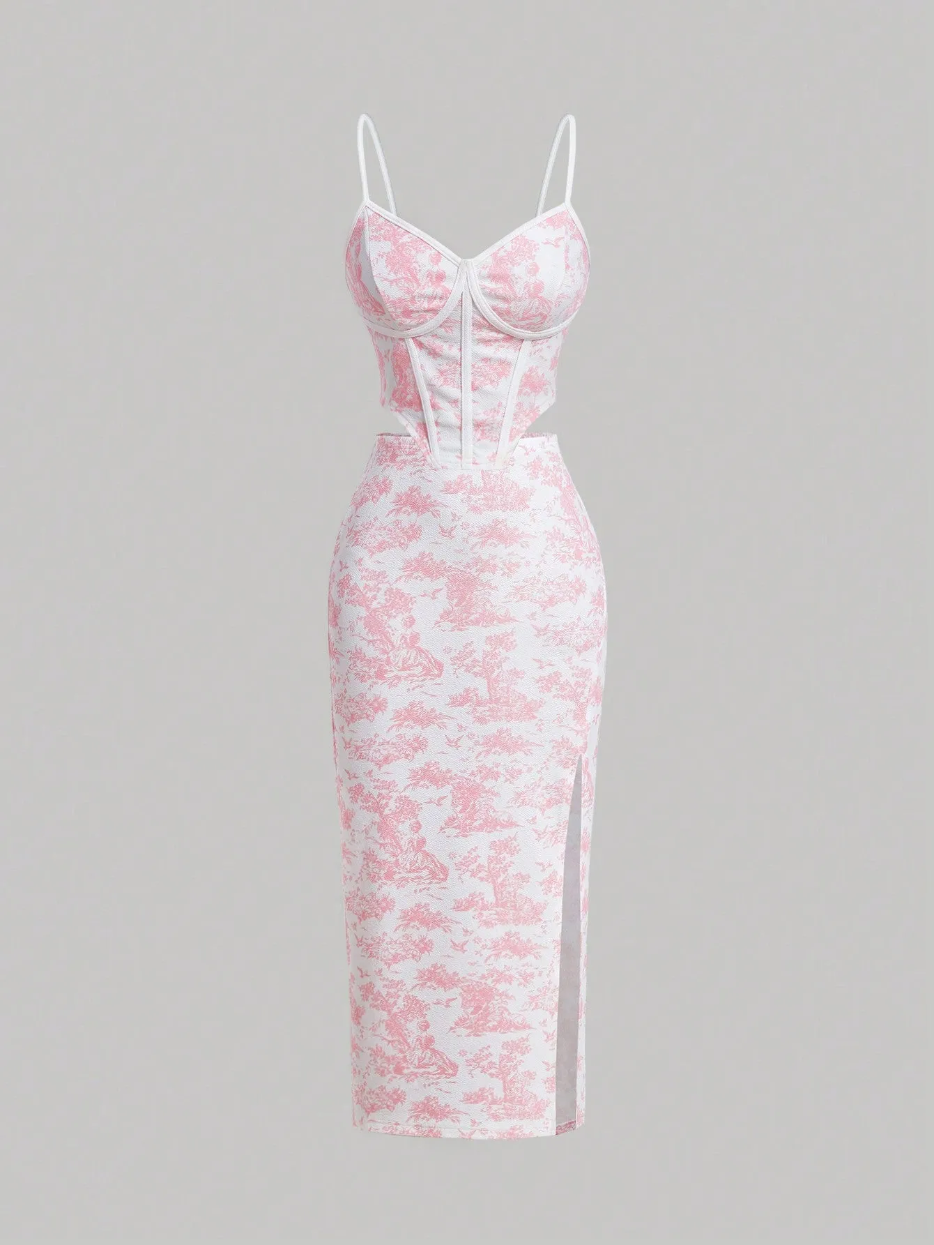 Retro Palace Blue & White Floral Printed Fish Bone  Top And Skirt Set
