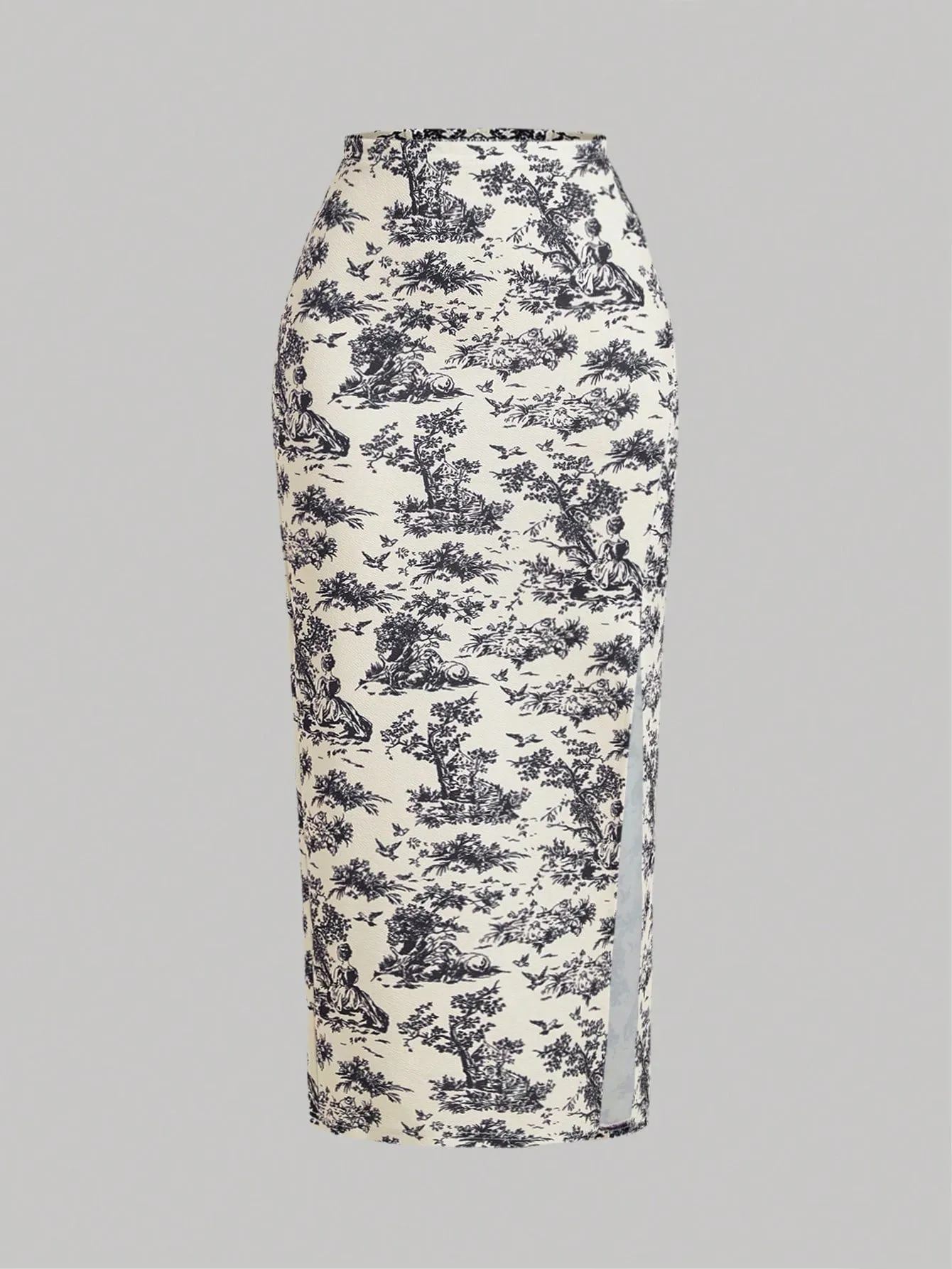 Retro Palace Blue & White Floral Printed Fish Bone  Top And Skirt Set