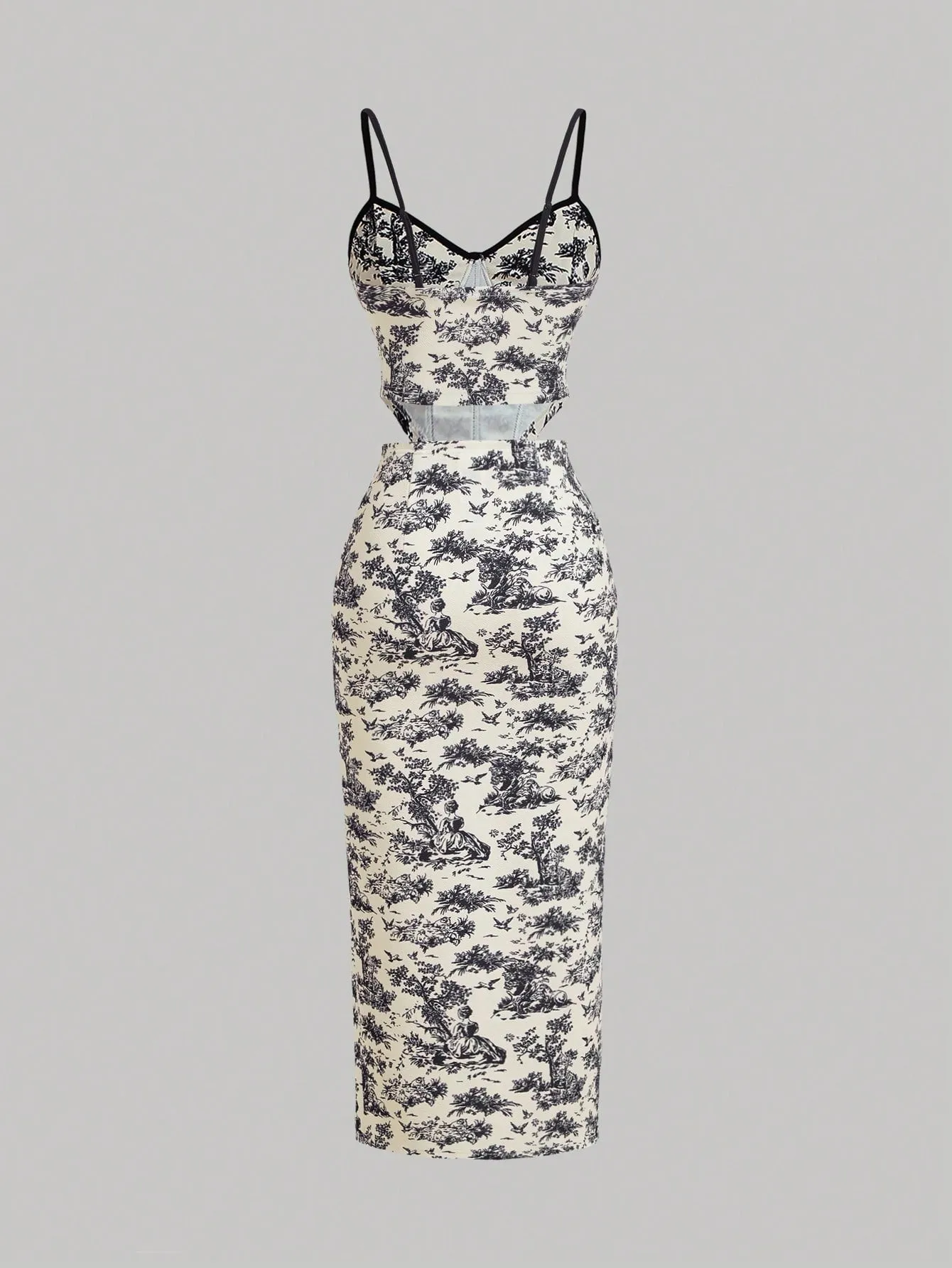 Retro Palace Blue & White Floral Printed Fish Bone  Top And Skirt Set