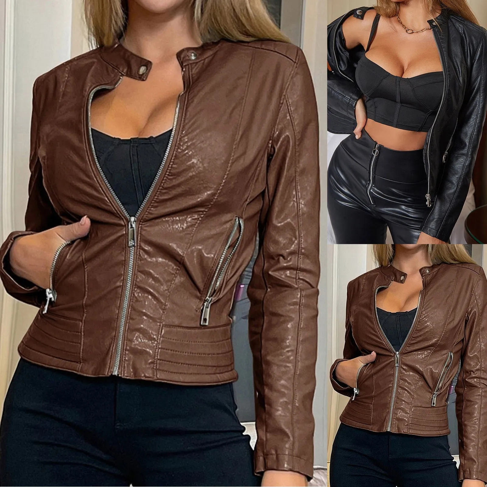 Women Bike Coat Moto Biker Leather Jackets Spring Autumn Slim Fit Leather Jacket Outerwear Women Fashion Short Jacket