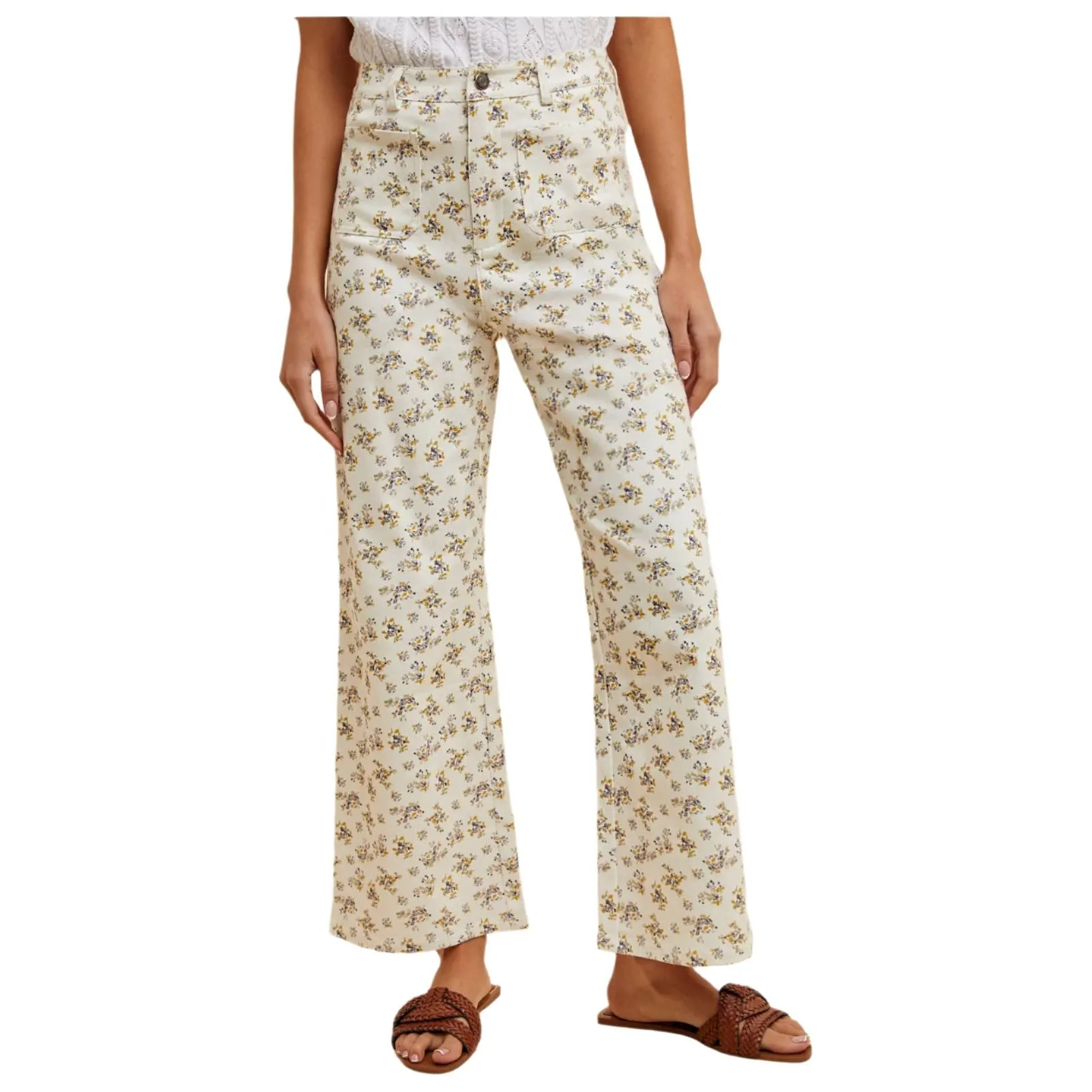 Women's Ditsy Printed Front Pocket Stretch Wide Leg Jeans AP6329