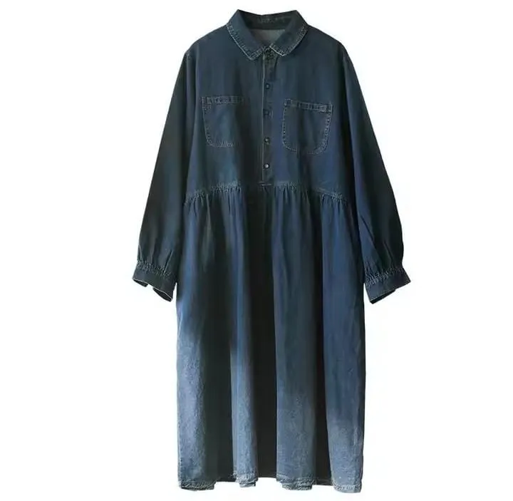 Women's Single Breasted Turn-down Collar Solid Pockets Button Down Lightweight Loose Fit Solid High Street Denim Dress    B243500
