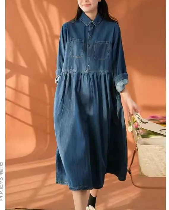 Women's Single Breasted Turn-down Collar Solid Pockets Button Down Lightweight Loose Fit Solid High Street Denim Dress    B243500