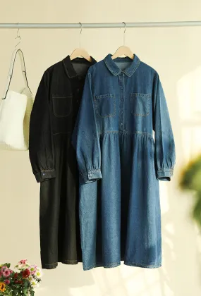 Women's Single Breasted Turn-down Collar Solid Pockets Button Down Lightweight Loose Fit Solid High Street Denim Dress    B243500