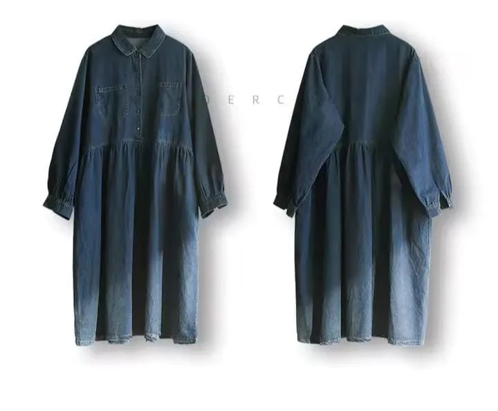 Women's Single Breasted Turn-down Collar Solid Pockets Button Down Lightweight Loose Fit Solid High Street Denim Dress    B243500